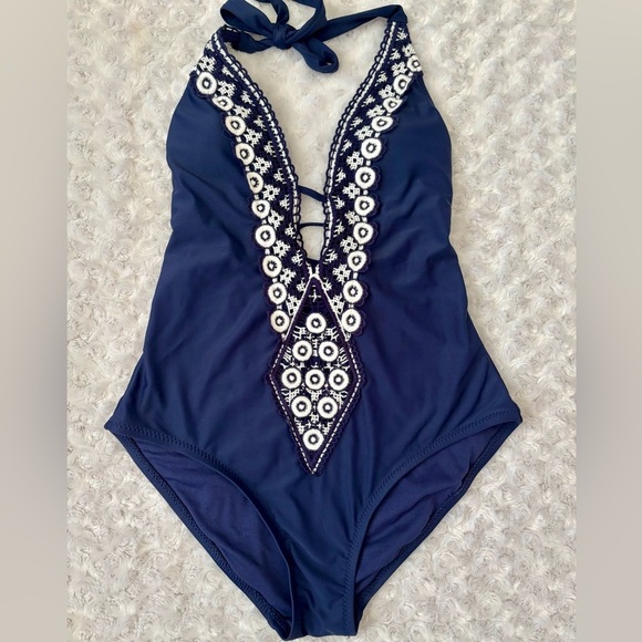 Kona Sol Other - Kona Sol Navy Blue Crochet Trim One Piece Swimsuit Women’s Size Medium